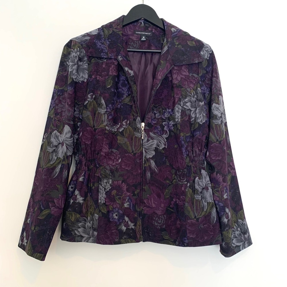 Counterparts Womens Floral Print Blazer Jacket Zip Front Size 12